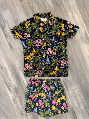 Old Navy Navy Tropical Floral Matching Swim trunks and camp shirt